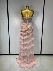 Shannon Sexy Strapless Pink Diamonds Ruffled Mesh See Through Birthday Dress