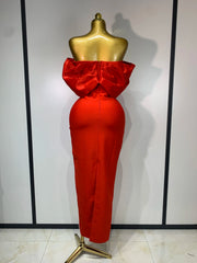 Off shoulder red maxi bandage dress with beaded detailing