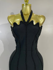 Look elegant in the Bianca black beaded scalloped halter bandage maxi dress. Perfect for weddings, cocktail parties, galas, and evening events.