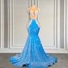 Sexy Sleeveless Sparkly Blue Sequin Sheer Crystal Prom Dress