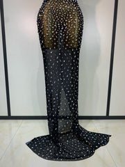 Rhinestone transparent mesh maxi dress with long elegant silhouette