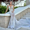 Sheer neck silver crystal mermaid prom dress elegant evening gown.