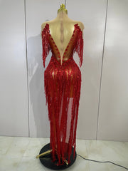 Haelena sexy mesh see-through long dress with sparkly red diamond tassel detailing for evening party styling