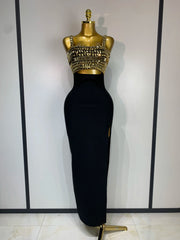 Jada sleeveless square-neck gold sequin bodycon dress with shimmering gold details.