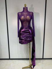 Yen long sleeve sheer mesh mini dress featuring sparkling rhinestone embellishments for a glamorous party look