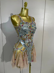 Alice colorful rhinestone mirror mesh mini dress with a sheer bodycon silhouette for a glamorous party look