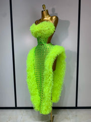 Luxury rhinestone strapless two-piece outfit with sparkly crop top and skirt for party or stage wear.