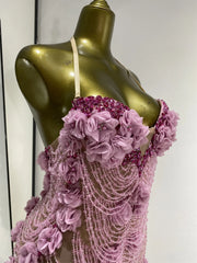 Joys pink rhinestone flower pearl tassel mini dress for women. Fairy-style party outfit for birthdays, nightlife, and clubwear.