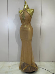 Eva sexy halter sparkly diamond golden mesh sequin maxi dress for evening gala styling
