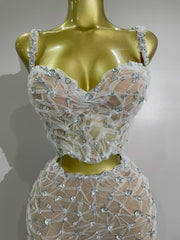 Shine in the Diane rhinestone lace halter top and wide-leg pants set. Elegant two-piece outfit for parties, birthdays, and special occasions.