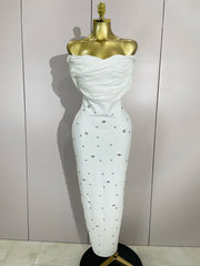Crissy Crystal sexy off-the-shoulder bodycon bandage long dress with sparkling rhinestone details.
