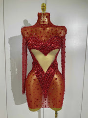 Women Red Sparkly Diamonds Sequins Mesh See Through Long Sleeves Mini Dress Eveing Birthday Party Sexy Nightclub Stage Costume