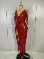 Haelena sexy mesh see-through long dress with sparkly red diamond tassel detailing for evening party styling