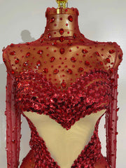 Women Red Sparkly Diamonds Sequins Mesh See Through Long Sleeves Mini Dress Eveing Birthday Party Sexy Nightclub Stage Costume