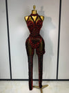 Turn heads in the Amanda backless red rhinestone black mesh jumpsuit. Sparkly bodycon outfit for stage performances, parties, and birthdays.