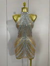Kimmy silver rhinestone mesh see through mini dress for women. Sexy sparkly outfit for birthdays, nightlife, and stage wear.