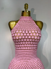 Sparkle in the Jamilla pink sequin backless mini dress. Luxury halter party dress for birthdays, singers, stage shows, and nightlife.