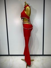 Stand out in the Meghan red rhinestone cut-out bandage pants set. Sexy two-piece outfit for birthdays, parties, clubs, and special occasions.