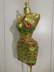 Luxury color rhinestone mesh mini dress with sparkling crystals for birthday, DJ, or club wear.