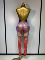 Raiz Colorful Rhinestone Mesh Bodycon Jumpsuit for Women