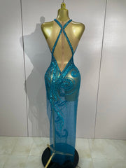 Zuri sleeveless transparent mesh long dress with intricate diamond and sequin patterns for a sparkly luxury evening look.