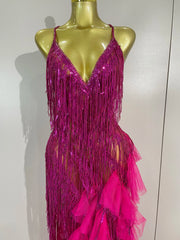 Gabrielle rhinestone fringe backless sheer maxi dress with sparkling crystals and elegant see-through design.