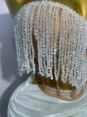 Renee wearing a sparkly beading strapless luxury mini dress for prom night.