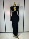 Caroline black long sleeve beaded maxi bandage dress for evening parties, birthdays, or formal events.