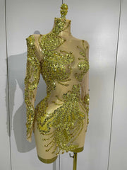 2026 New Sparkly Golden Diamonds Sequins Long Sleeves See-Through Mini Dress Women Birthday Eveing Party Gown Sexy Stage Costume