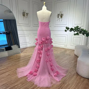 2025 Mermaid Evening Prom Dress Pink Flowers Strapless Side Slit