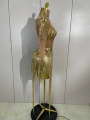 Nina sexy sparkly rhinestone golden sequins tassel mesh dress for women party evening