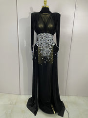 Dana white diamond mesh abaya maxi dress for women. Elegant luxury gown for weddings, birthdays, and evening parties.