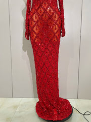 Avery sparkly rhinestones halter mesh long prom dress with gloves for women.