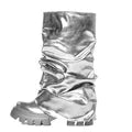 Women's Mid Calf Boots Thick Bottom Round Toe Runway Style Pleated Boots Women Platform Boots Gold Silver Large Size Shoes 2024