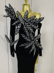 Shiny diamond velvet side slit long dress with gloves – elegant women’s evening gown for birthday, banquet, nightclub, and stage hosting.