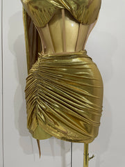 Gold sexy one shoulder mesh short skirt party dress for women.