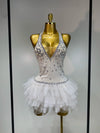 Jem white mesh bodysuit featuring sparkling diamond-like embellishments for a glamorous party outfit