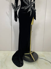 Shiny diamond velvet side slit long dress with gloves – elegant women’s evening gown for birthday, banquet, nightclub, and stage hosting.