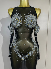 Envious Designs Sheryll sparkly diamond mesh backless see-through long dress with gloves for evening gala styling