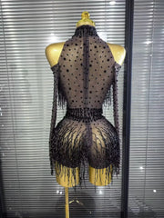 Kanisha long sleeve off-shoulder tassel bodycon dress for night-out and party styling