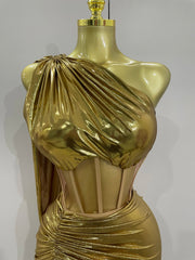 Gold sexy one shoulder mesh short skirt party dress for women.
