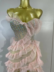Envious Designs Denise sexy strapless mesh ruffled pink long dress with sparkly diamond detailing for birthday party styling
