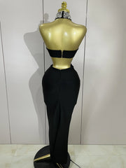 Shine in the Rhian black crystal rhinestone backless bodycon bandage dress. Elegant party dress for birthdays, cocktails, and evening events.