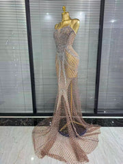 Meisha silver rhinestone strapless mesh mermaid gown for women. Elegant floor-length dress for parties, birthdays, and events.
