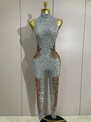 Luxury sleeveless rhinestone bodycon jumpsuit with sparkling crystals for stage or night-out wear.
