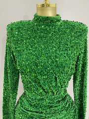 Ghee shiny green sequin long sleeve bodycon birthday dress with matching gloves for party and evening events