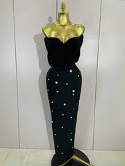 Crissy Crystal sexy off-the-shoulder bodycon bandage long dress with sparkling rhinestone details.