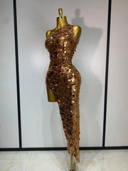 Carmen gold sequin one-shoulder high-slit bodycon dress for evening parties, cocktail events, or club celebrations.