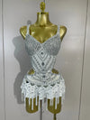 Madelle silver rhinestone tassel bodysuit dress for women. Sexy performance outfit for nightlife, stage wear, and parties.