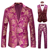 Luxury men’s 3-piece floral print suit with blazer, vest, and trousers for formal or wedding wear